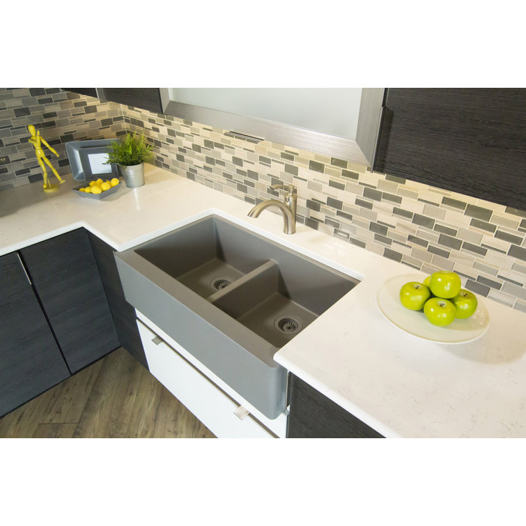 Concrete Quartz Composite Farmhouse Apron Front Double Bowl Kitchen Sink