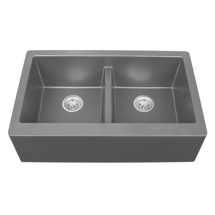 Gray Quartz Farmhouse Double Bowl Kitchen Sink, 34"
