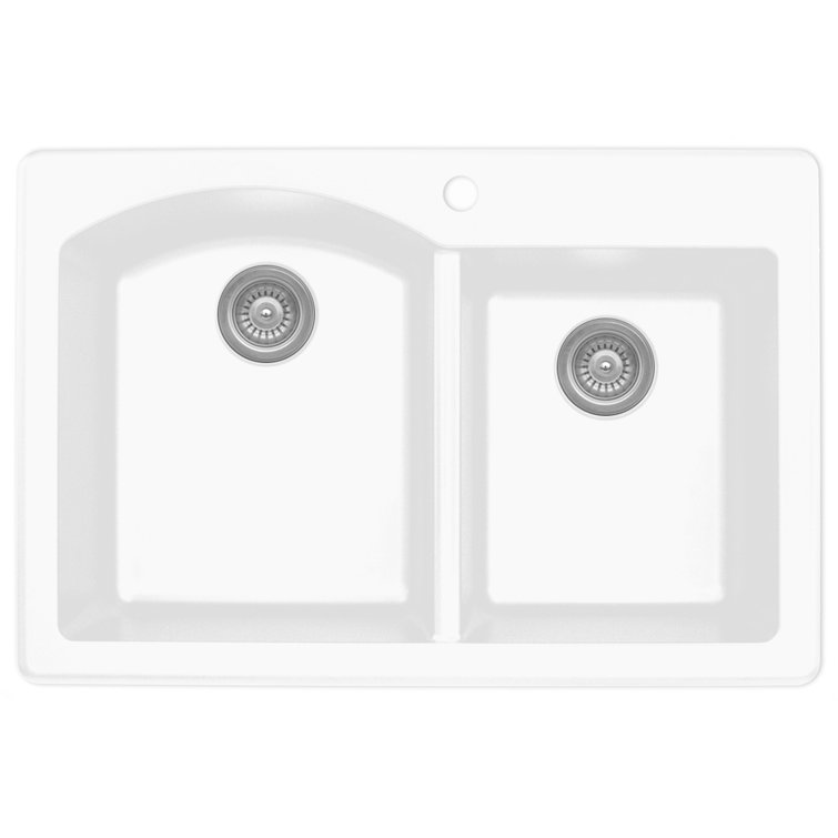 White Quartz Composite Double Bowl Kitchen Sink, 33" x 22"