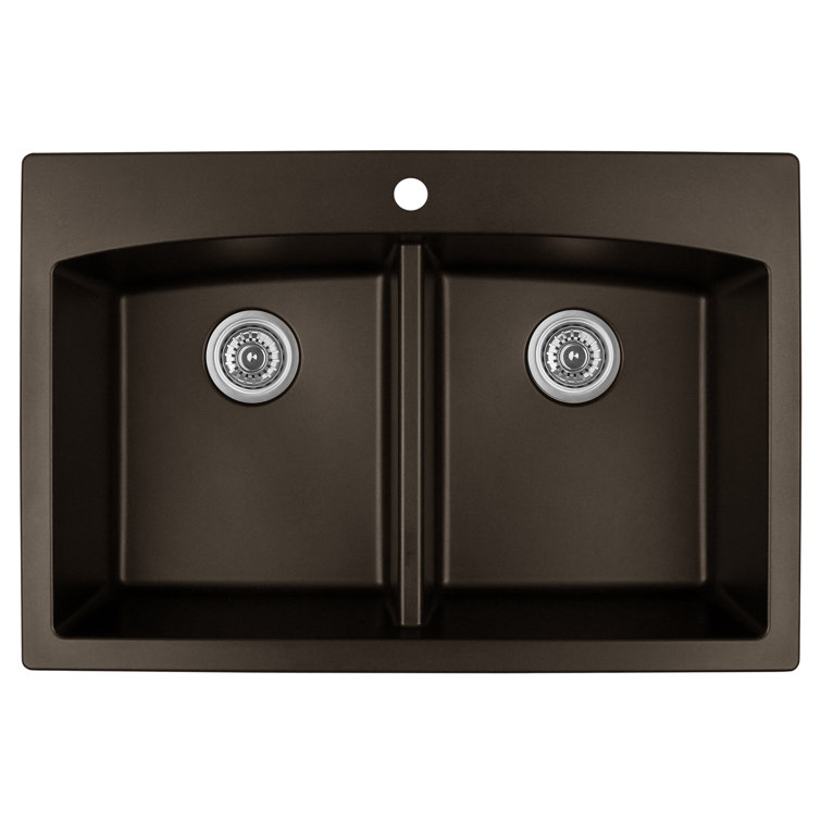 Brown Quartz Double Bowl Kitchen Sink with Curved Rear Walls