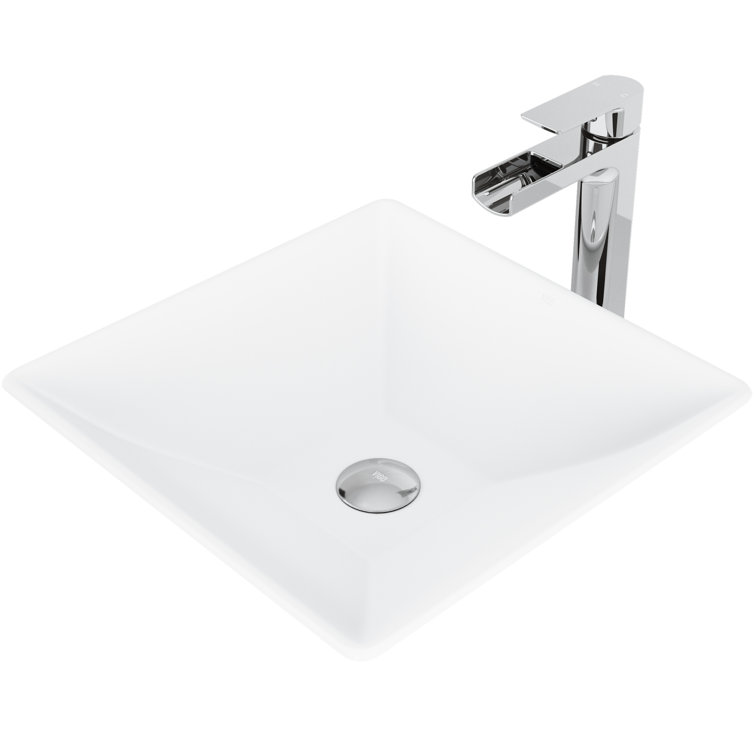 Modern Square Above-Counter Stone Bathroom Sink in White with Faucet