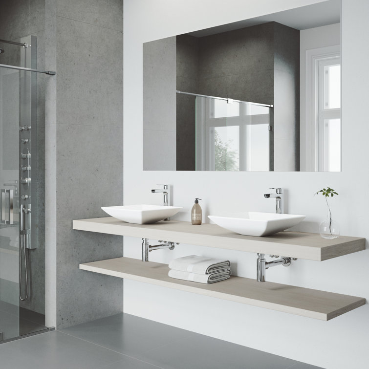 Modern Square Above-Counter Stone Bathroom Sink in White with Faucet