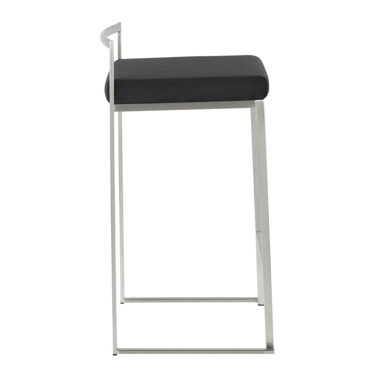 Fuji Brushed Stainless Steel Stackable Counter Stools with Black Velvet Cushion, Set of 2