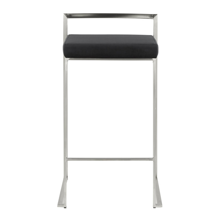 Fuji Brushed Stainless Steel Stackable Counter Stools with Black Velvet Cushion, Set of 2