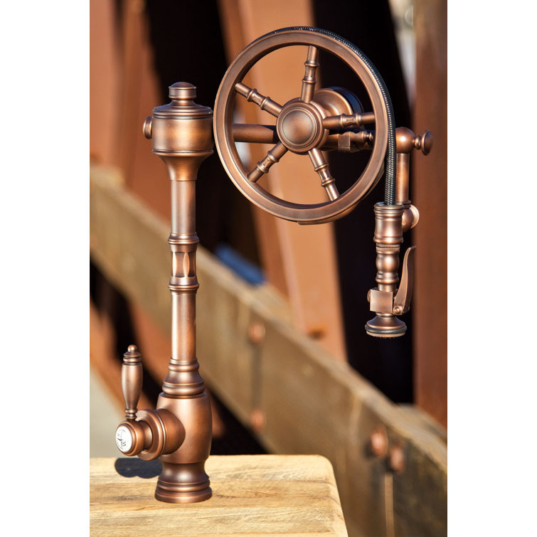 American Bronze Industrial Pulldown Kitchen Faucet with Wheel Design