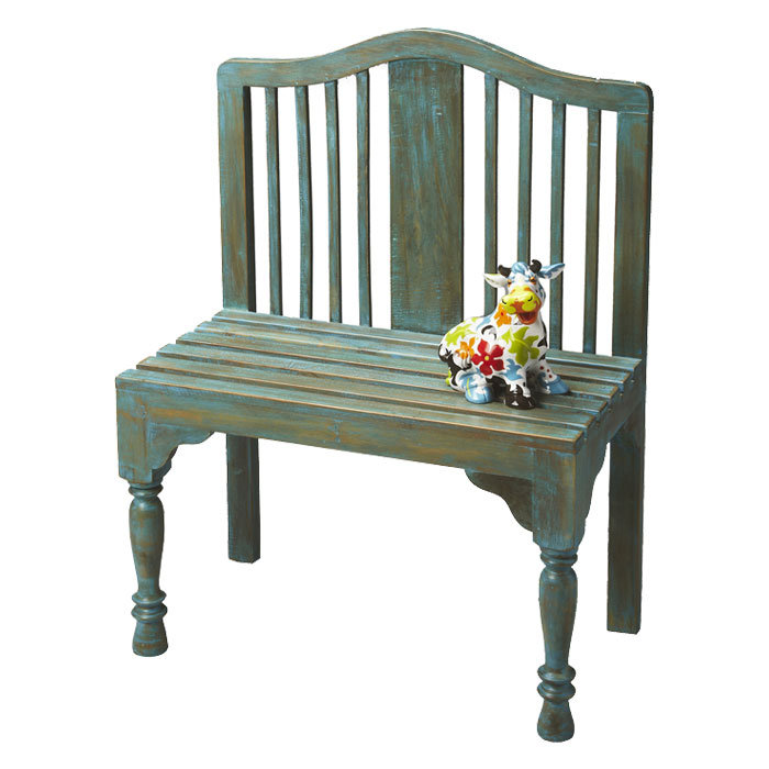 Antique Blue Solid Wood Slatted Back Bench