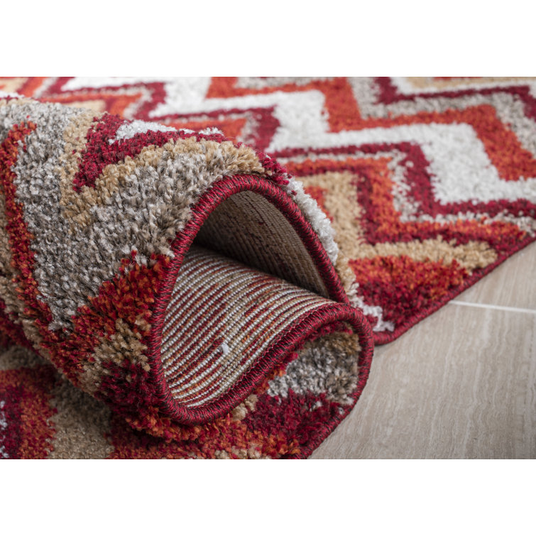 Red and Beige Striped 4' x 6' Synthetic Area Rug