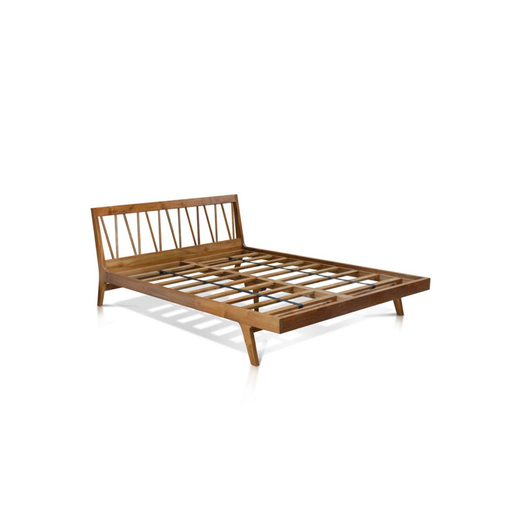 Queen Teak Wood Mid-Century Modern Platform Bed with Slats