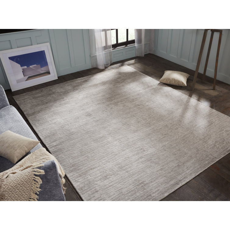 Handmade Pearl Grey Wool and Viscose Geometric Area Rug