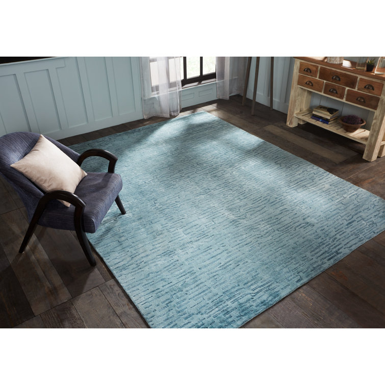 Handmade Blue Geometric Wool and Viscose 6' x 9' Area Rug