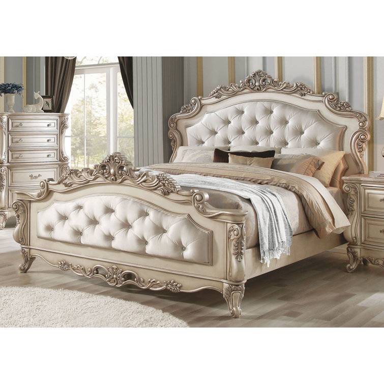 King Cream Upholstered Wood Panel Bed with Tufted Headboard