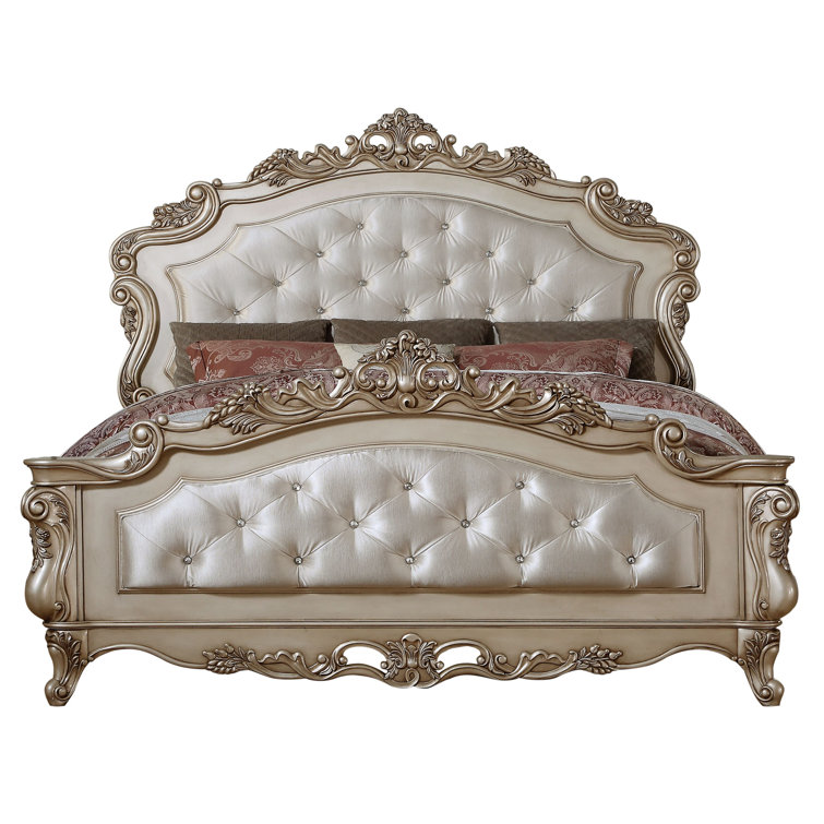 King Cream Upholstered Wood Panel Bed with Tufted Headboard