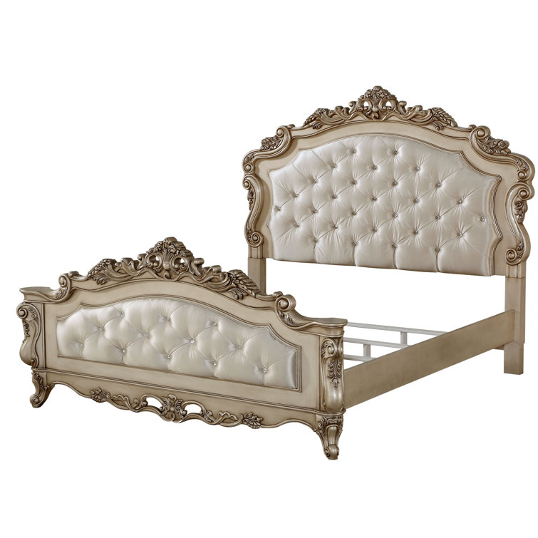 King Cream Upholstered Wood Panel Bed with Tufted Headboard