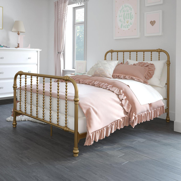 Gold Full Metal Bed with Scrollwork Headboard