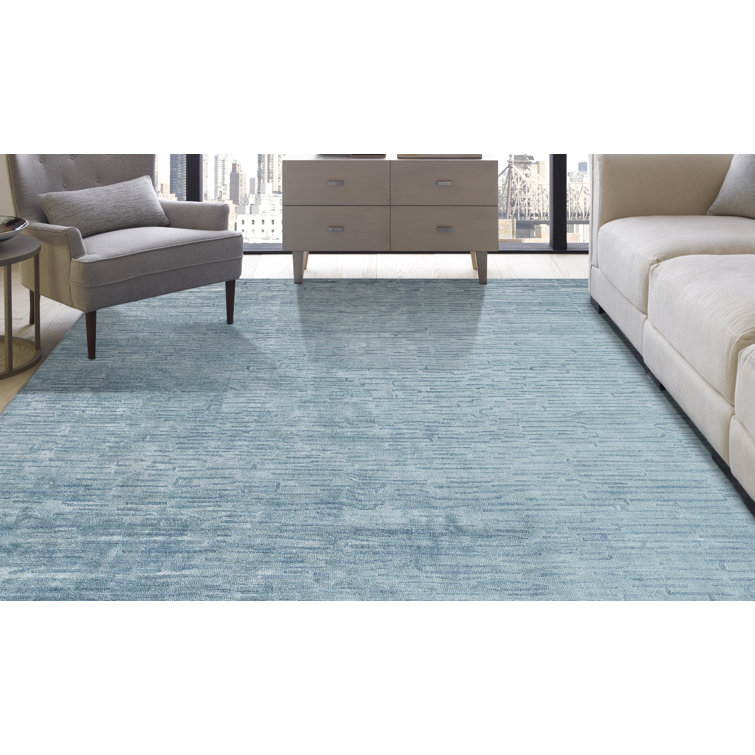 Handmade Blue Geometric Wool and Viscose 6' x 9' Area Rug