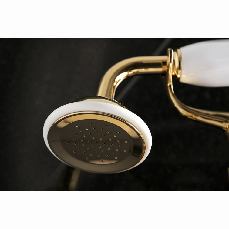 Victorian Polished Brass Wall Mount Clawfoot Tub Faucet with Cross Handles and Hand Shower