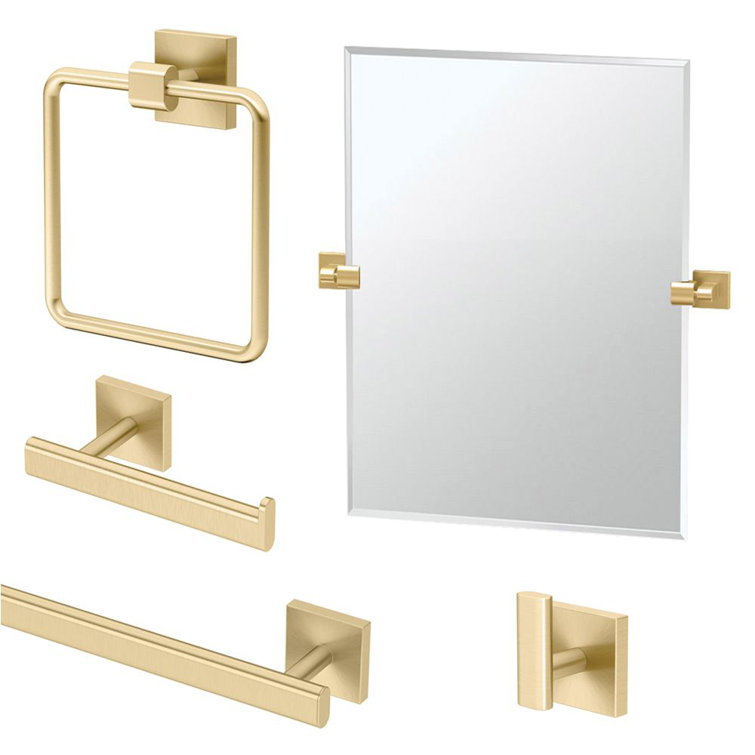Elevate Brushed Brass Glass and Metal 5-Piece Bathroom Hardware Set
