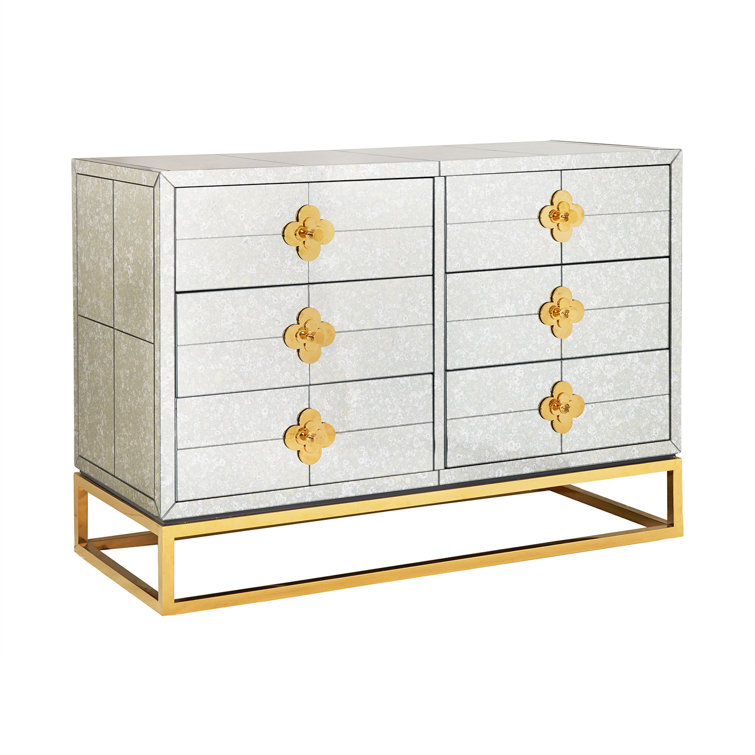 Delphine Antiqued Mirror & Brass Six-Drawer Mid-Century Credenza