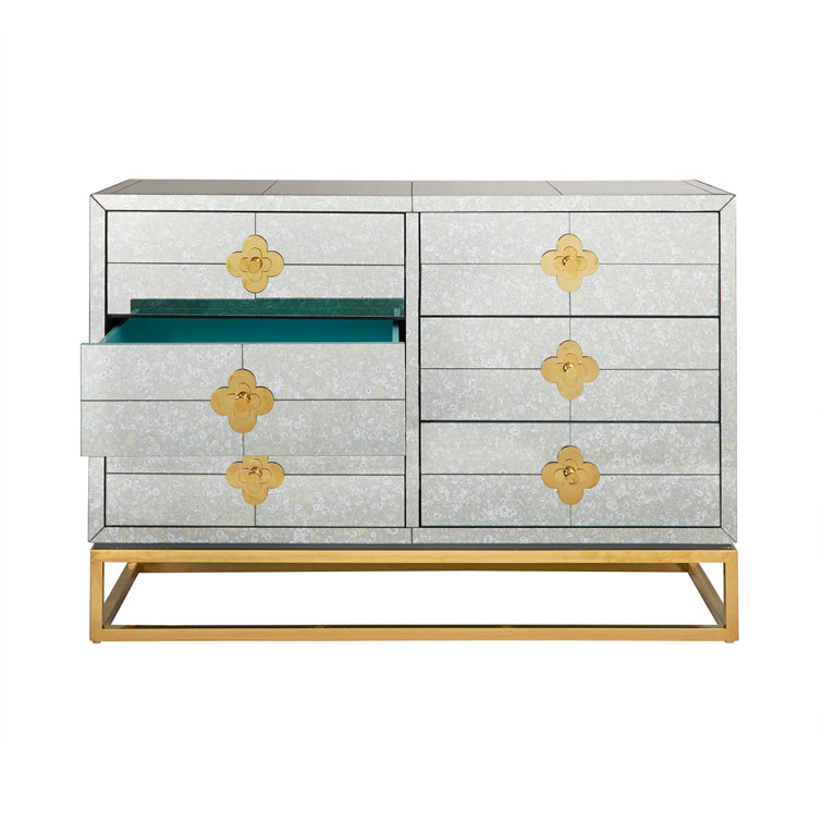 Delphine Antiqued Mirror & Brass Six-Drawer Mid-Century Credenza