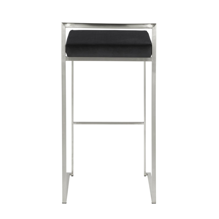 Fuji Brushed Stainless Steel Stackable Counter Stools with Black Velvet Cushion, Set of 2