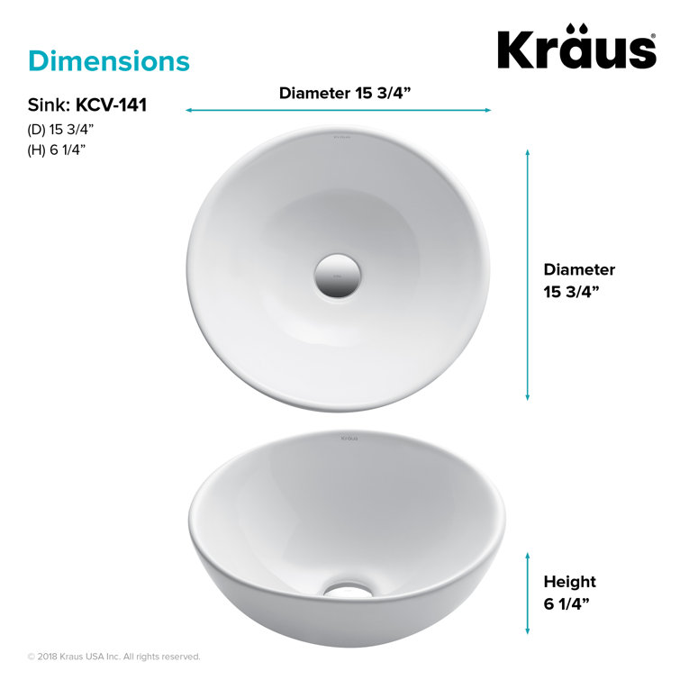 White Round Ceramic Vessel Bathroom Sink, 16 Inch