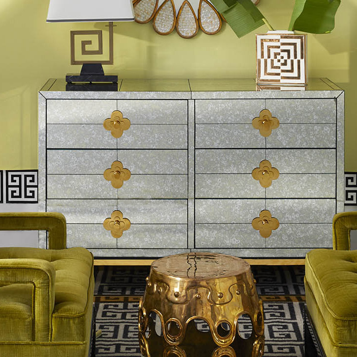 Delphine Antiqued Mirror & Brass Six-Drawer Mid-Century Credenza