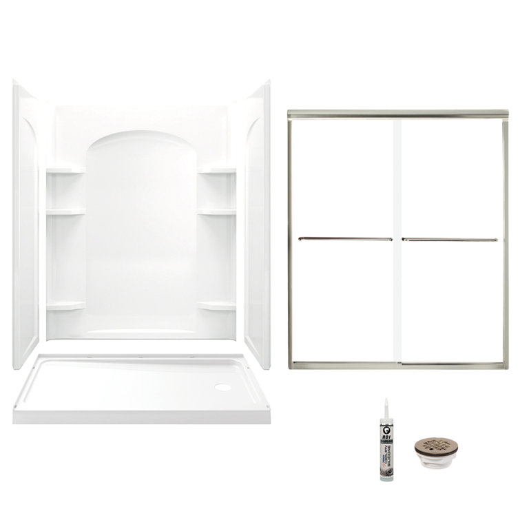 60" White and Nickel Frameless Sliding Shower Kit with Clear Glass