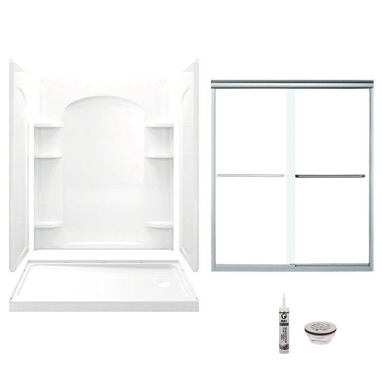 60" White and Chrome Frameless Sliding Shower Kit with Vikrell Base