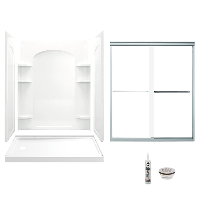 60" White and Chrome Frameless Sliding Shower Kit with Vikrell Base