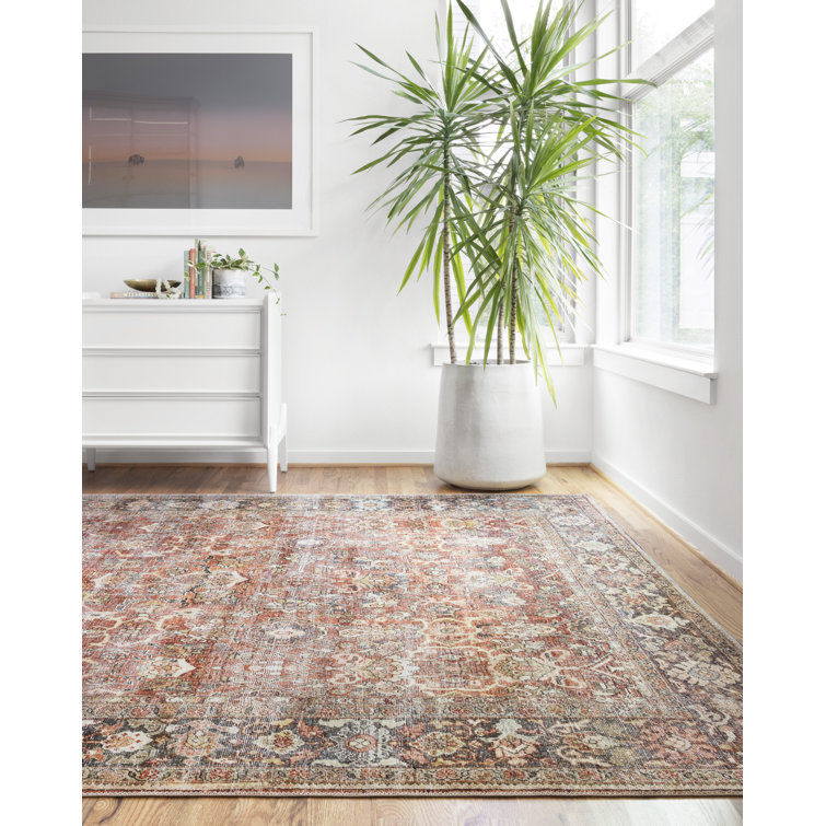 Terracotta and Blue Geometric Synthetic 9' x 12' Area Rug