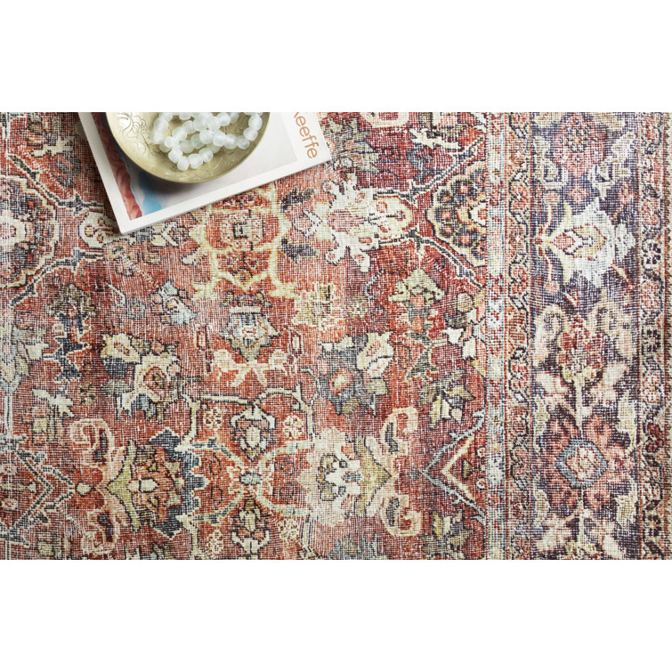 Terracotta and Blue Geometric Synthetic 9' x 12' Area Rug