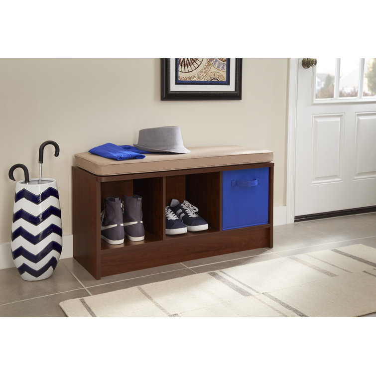 Dark Cherry Wood Storage Bench with Tan Cushion
