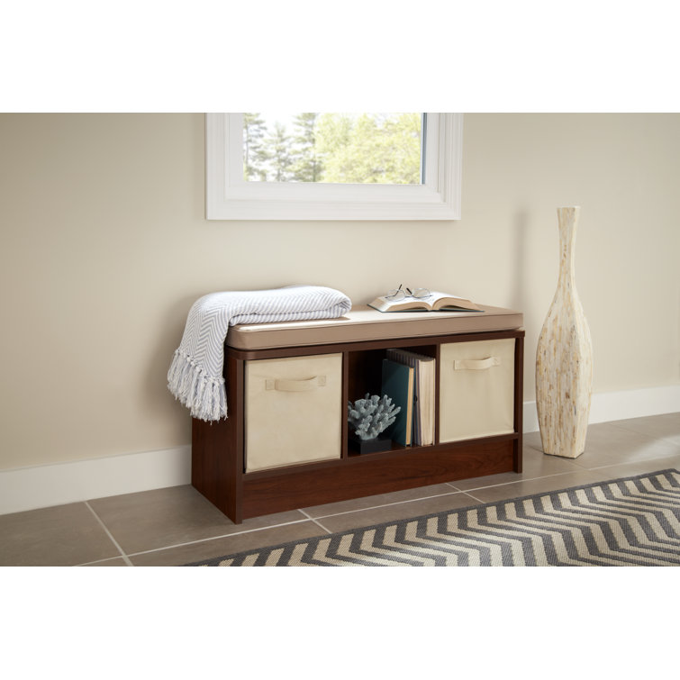 Dark Cherry Wood Storage Bench with Tan Cushion