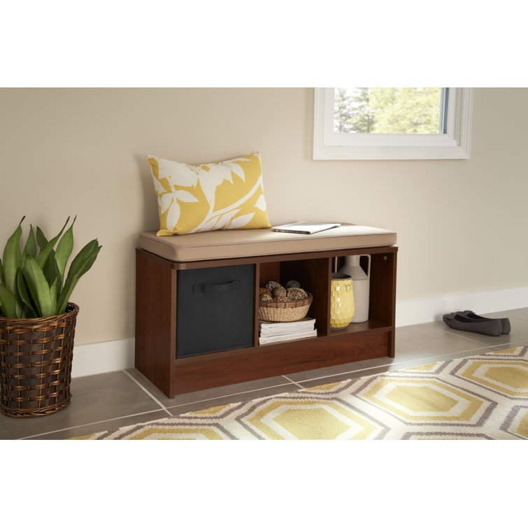 Dark Cherry Wood Storage Bench with Tan Cushion