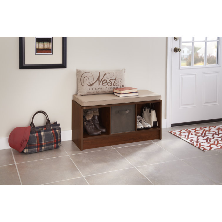 Dark Cherry Wood Storage Bench with Tan Cushion