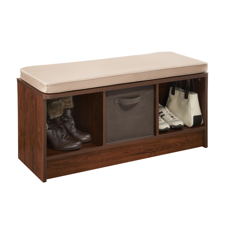 Dark Cherry Wood Storage Bench with Tan Cushion