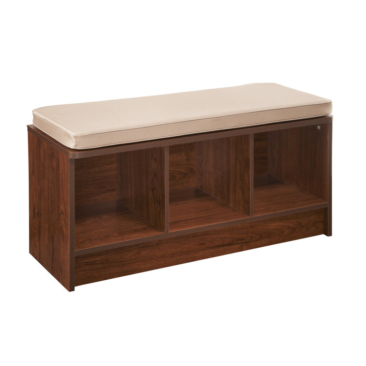 Dark Cherry Wood Storage Bench with Tan Cushion