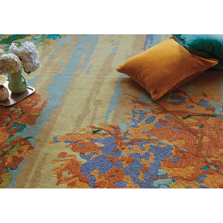 Handmade Blue and Green Wool Landscape Area Rug 5' x 8'