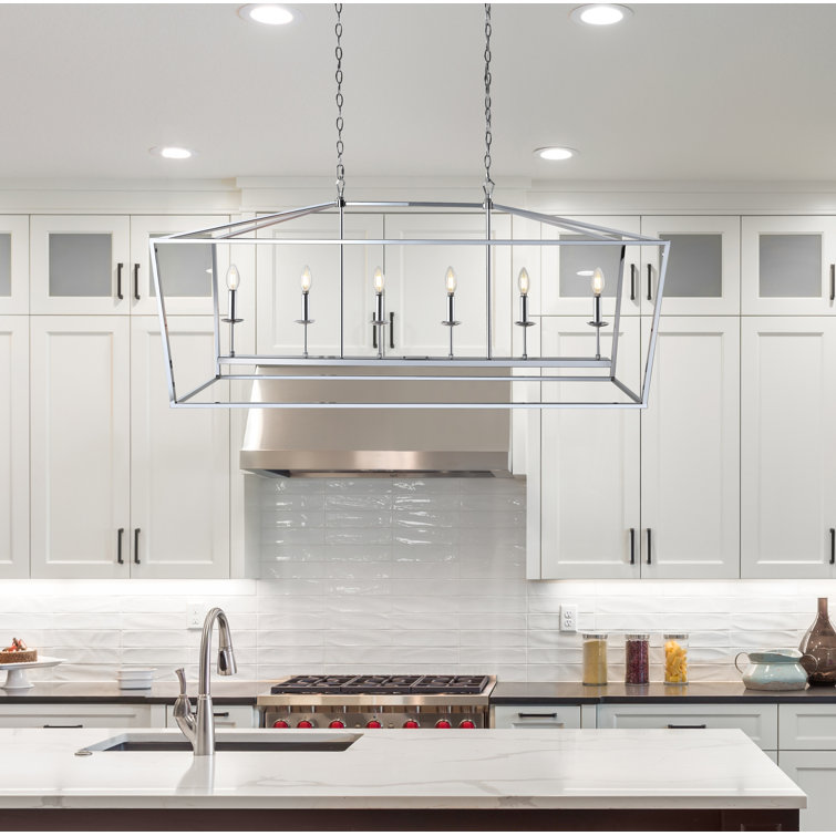 Pagoda-Inspired Chrome 49" Linear LED Pendant with 6 Candle Bulbs