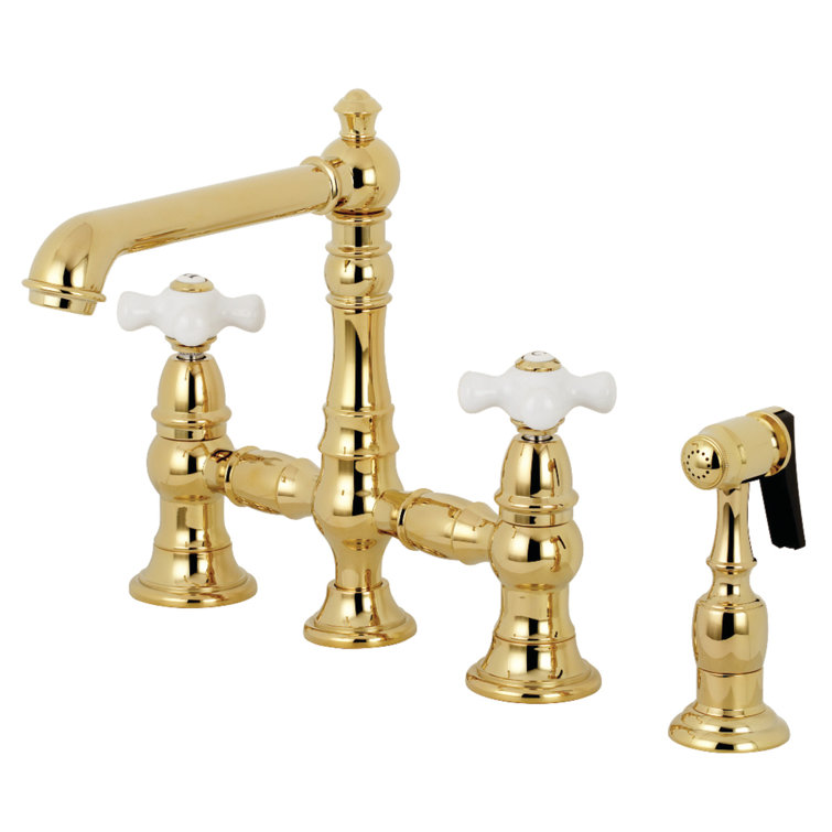 Polished Brass Victorian Bridge Kitchen Faucet with Side Sprayer