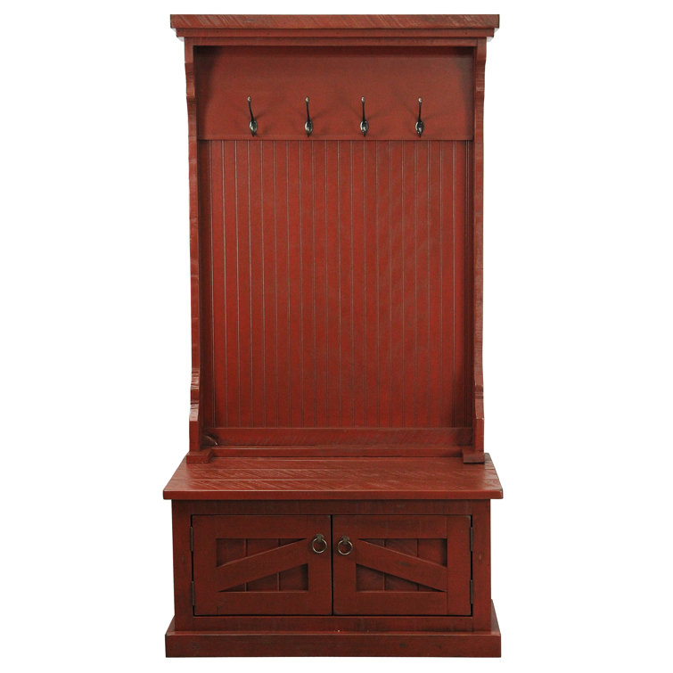 Rustic Red Solid Wood Hall Tree with Bench and Storage
