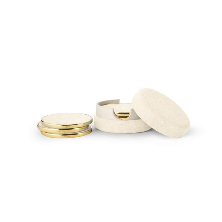 Cream Leather Round Coaster Set with Gold Accents
