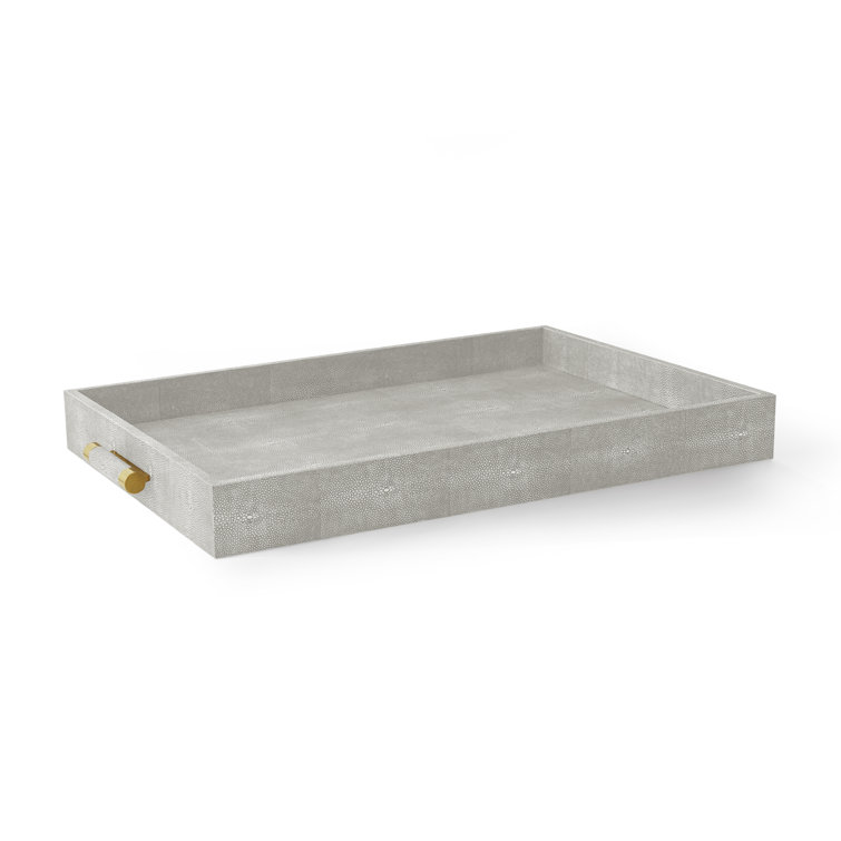 Dove Shagreen Leather Decorative Serving Tray with Gold Handles
