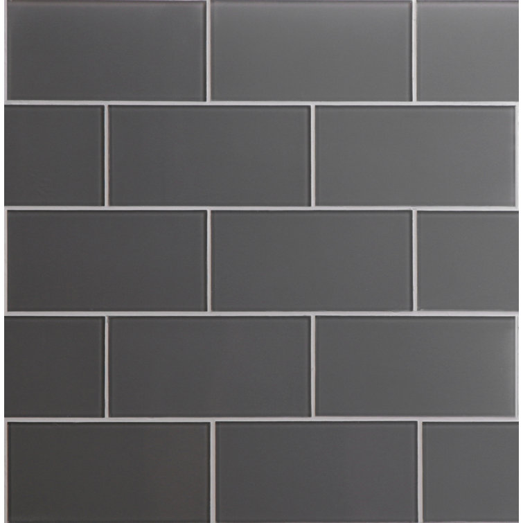 Dark Gray Polished Glass Peel and Stick Subway Tile