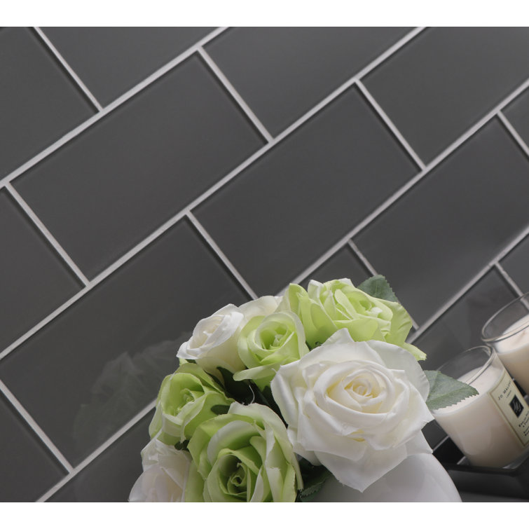 Dark Gray Polished Glass Peel and Stick Subway Tile