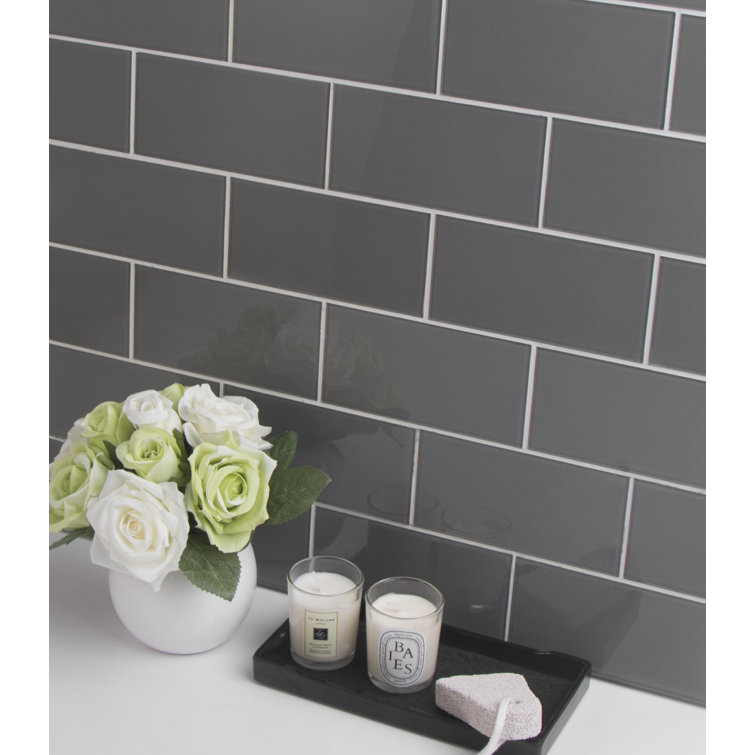 Dark Gray Polished Glass Peel and Stick Subway Tile