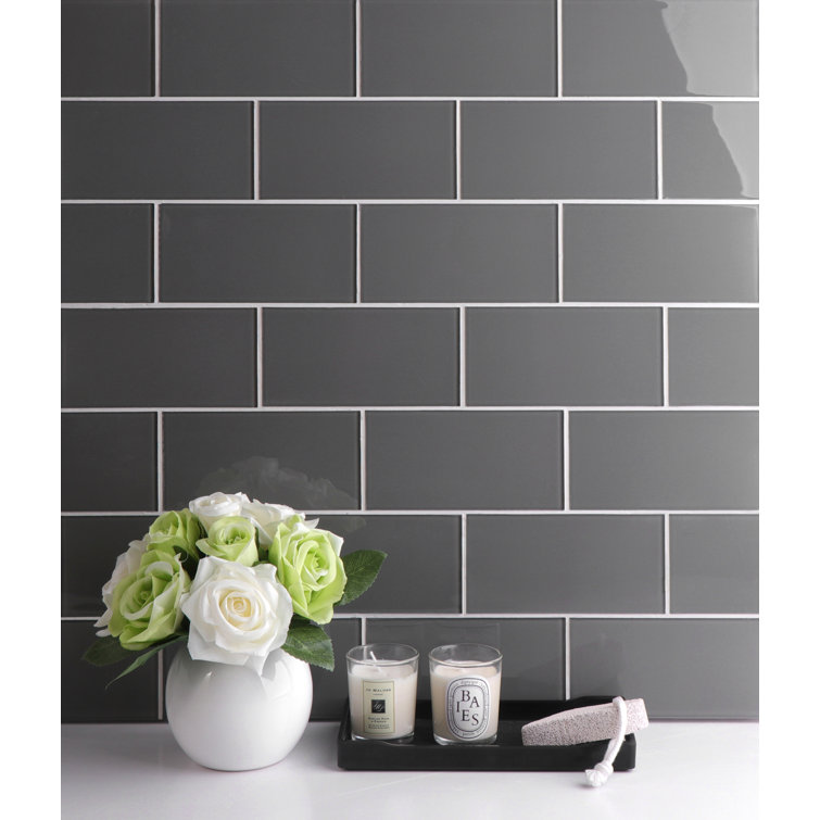 Premium Dark Gray Polished Glass Subway Wall Tile 3" x 6"