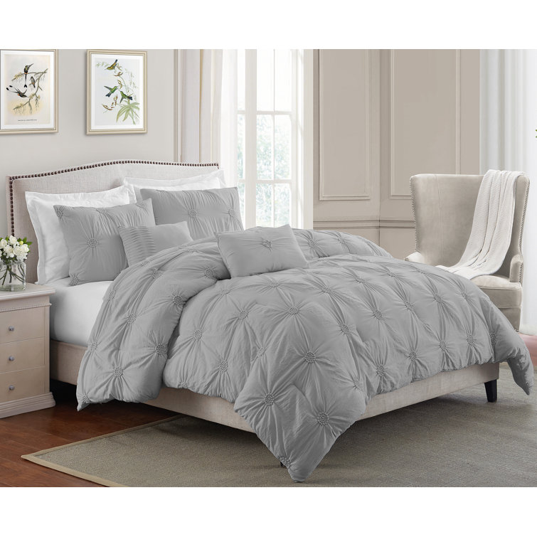 Gray Full Microfiber Floral Pintuck Comforter Set