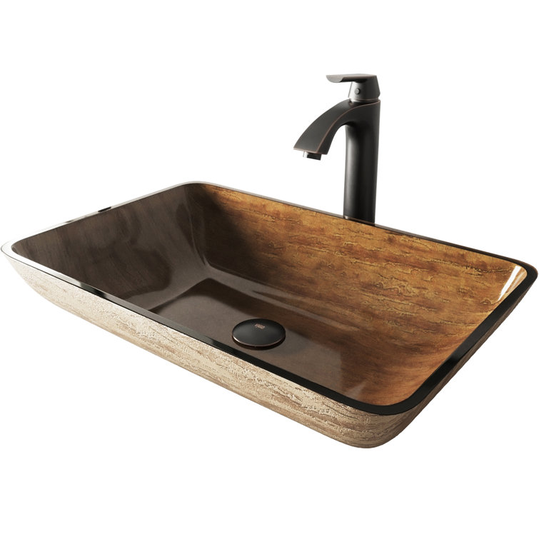 Amber Rectangular Glass Vessel Sink with Faucet