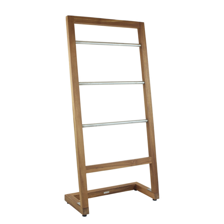 Compact Teak and Stainless Steel Free Standing Towel Stand